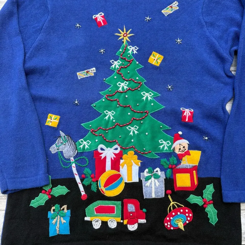 VTG Ugly Christmas Sweater‎ Lg Blue Tree Presents Oversized Ramie Holiday Granny